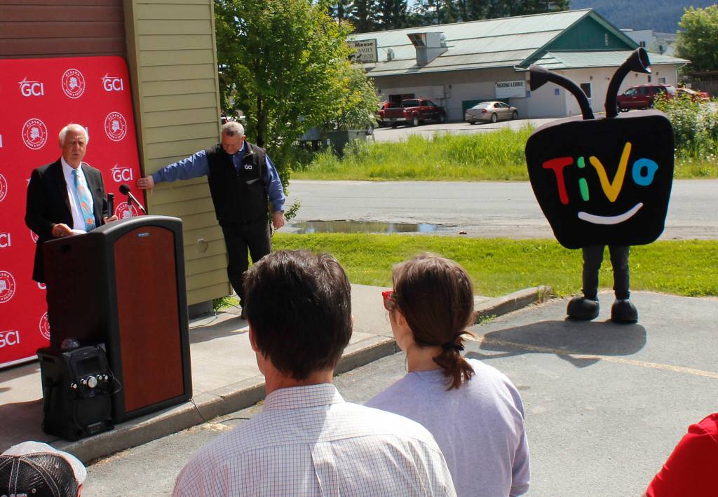 A TiVo mascot watches as Juneau Mayor Ken Koelsch welcomes representatives from C-SPAN to town on Monday, June 18, 2018. (Alex McCarthy | Juneau Empire)