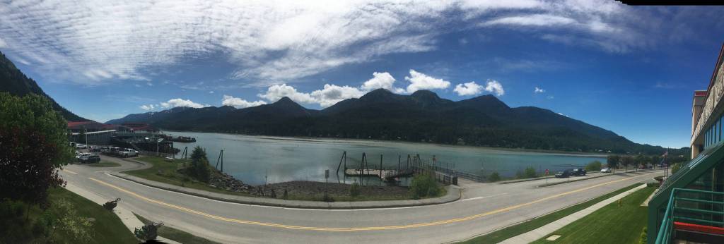 Wayside Dock and Douglas Island are seen in a panoramic image taken from the Juneau Empire on Channel Drive on Monday, June 18, 2018. (James Brooks | Juneau Empire)