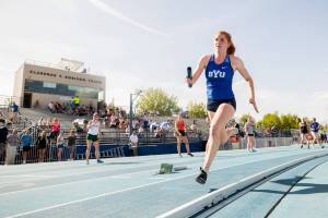 Brigham Young Universitys Naomi Welling runs in the 4x400-meter relay at the BYU Robison Invitational in April 2018. (Courtesy Photo | BYU)