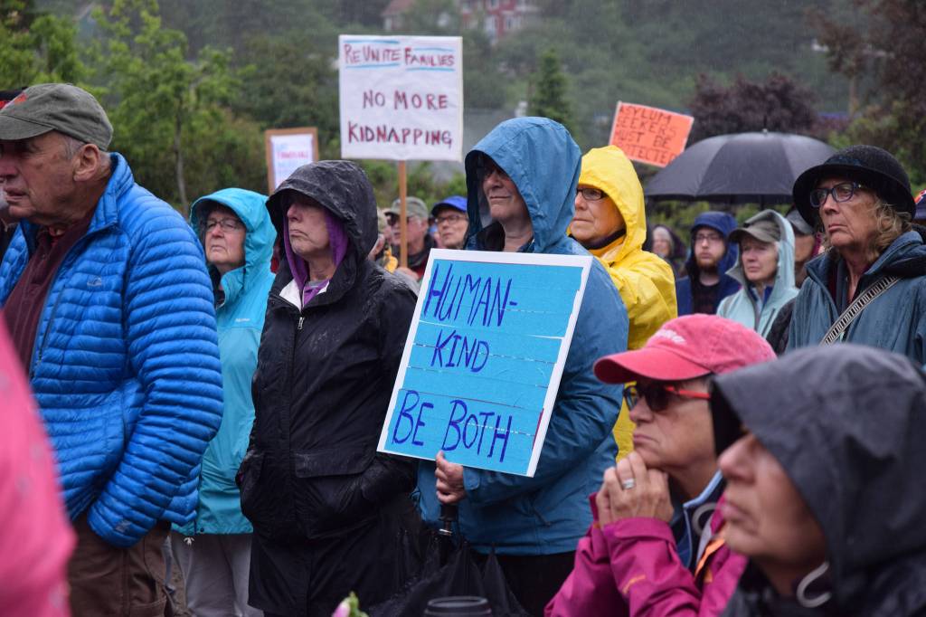 About 400 protesters gathered Saturday for the Families Belong Together Rally at Capital Park to speak out against family separation at the U.S. southern border. (Kevin Gullufsen | Juneau Empire)