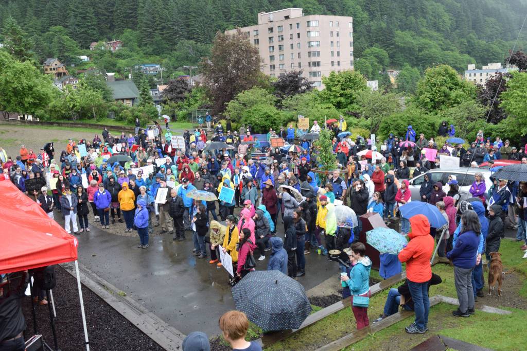 About 400 protesters gathered Saturday for the Families Belong Together Rally at Capital Park to speak out against family separation at the U.S. southern border. (Kevin Gullufsen | Juneau Empire)