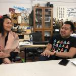 Local artists Christy Namee Eriksen and Rico Worl discuss their downtown art designs inside their studio downtown Tuesday. (Gregory Philson | Juneau Empire)