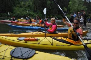 Kayakers begin the Chilkat Challenge Triathlon on Sunday in Mosquito Lake. (Courtesy Photo | Derek Poinsette)