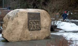 The sign for Cope Park is seen on March 30, 2016. (Michael Penn | Juneau Empire File)