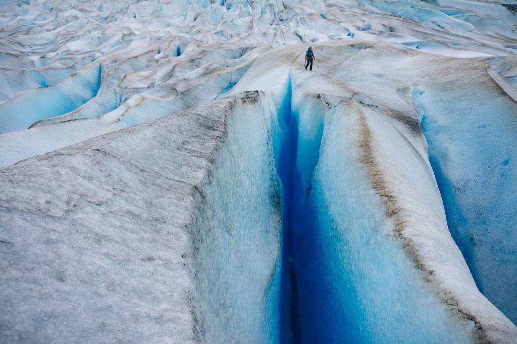 One dark blue crevasse after another. Navagating a ridge line. (Gabe Donohoe)
