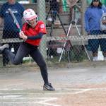 Gastineau Channel Little Leagues Tristan Oliva dodges a low pitch in the top of the first inning of the Alaska Major Softball State Championships on Saturday at Melvin Park. (Nolin Ainsworth | Juneau Empire)