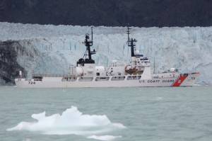 The Coast Guard Cutter Douglas Munro sails past Margerie Glacier in Glacier Bay National Park, Alaska, July 15, 2018. The Douglas Munro crew assisted the Glacier Bay National Park Service personnel in rescuing four people whose kayaks overturned in rough waters, but all four people made it to shore. (U.S. Coast Guard | Courtesy Photo)