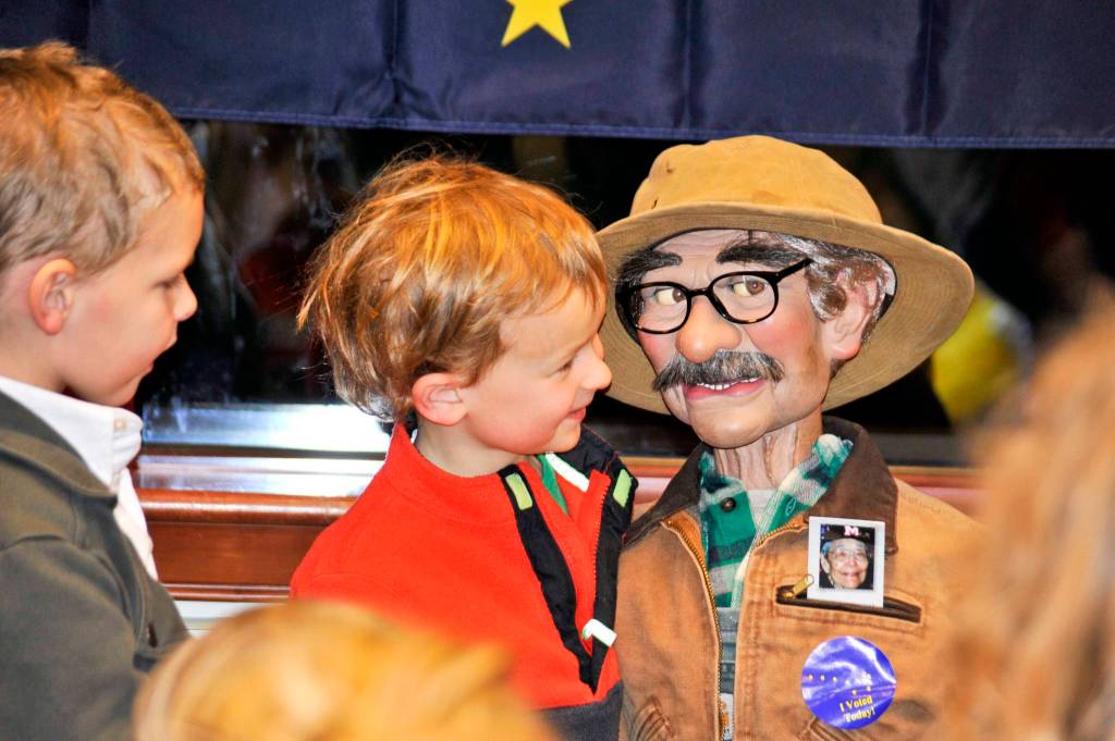 Children meet Chilkat Charlie at the Juneau Public Library during the childrens hour in November 2012. Photo by Peter Metcalfe.