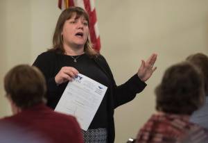 Heidi Brocious speaks to the Juneau Chamber of Commerce about the Housing First project during its weekly luncheon at the Moose Lodge on Thursday, July 19, 2018. (Michael Penn | Juneau Empire)
