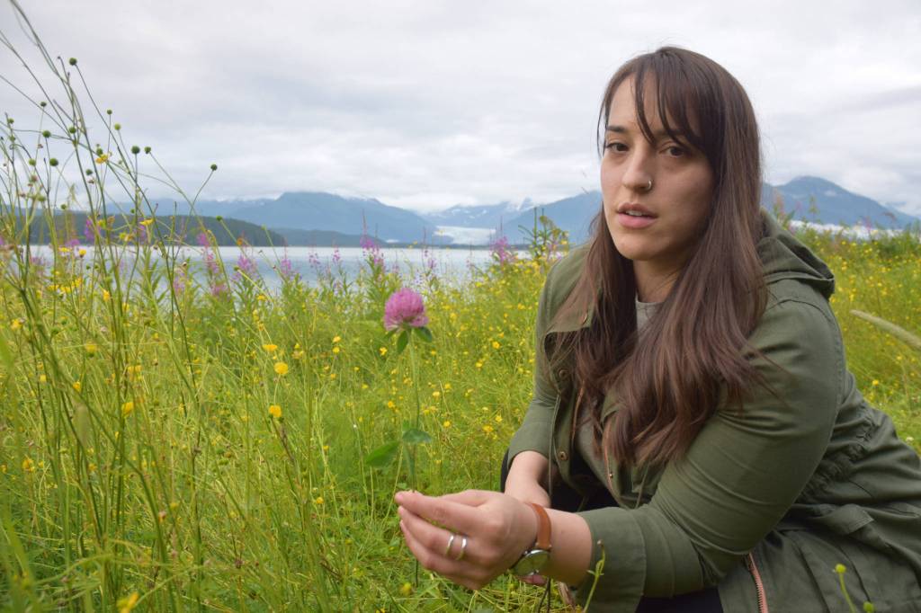 Melissa Garcia Johnson finds a pink clover flower while foraging at the beach near North Douglas Highway. (Photo by Kevin Gullufsen/Juneau Empire)