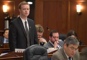 In this file photo from April 5, 2017, Rep. David Eastman, R-Wasilla, stands to speak in the House chambers against a bill establishing October 25 of each year as African American Soldiers Contribution to Building the Alaska Highway Day. The bill passed 39-1 with Rep. Eastman casting the only no vote. (Michael Penn | Juneau Empire File)