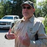 Ranger Michael Cantwell talks about the reopening of the Mendenhall Campground on Friday, July 20, 2018, after Thursdays flood of Mendenhall Lake. (Michael Penn | Juneau Empire)