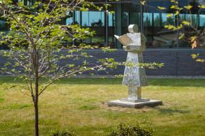Juneau Public Libraries installed a new piece of public art outside the Mendenhall Valley Public Library titled The Librarian by Ohio-based steel sculptor James Havens on Tuesday, July 24, 2018. The 5-foot tall piece was donated by a local Juneau resident Fred Koken. (Michael Penn | Juneau Empire)