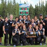 The Alaska small schools softball champion Thunder Mountain High School Falcons pose for a team photo Saturday in Fairbanks after defeating Juneau-Douglas High School 14-6 in the title game.