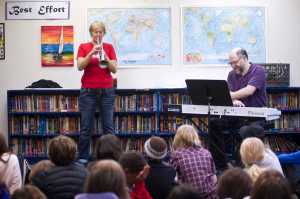 Alaska jazz composer and trumpet player Yngvil Vatn Guttu performs with keyboardist Rob Cohen for students at the Juneau Community Charter School on Friday.