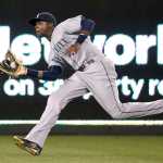 Seattle Mariners center fielder James Jones catches a fly ball for the out on Kansas City Royals' Eric Hosmer during the sixth inning of a baseball game Tuesday, Sept. 22, 2015, in Kansas City, Mo. (AP Photo/Charlie Riedel)