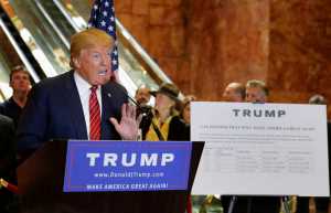 Republican presidential candidate Donald Trump talks about his tax plan during a news conference, Monday, Sept. 28, 2015, in New York. The Republican front-runner is calling for an overhaul of the tax code that would eliminate income taxes for millions of Americans, while lowering them for the highest-income earners and business.(AP Photo/Julie Jacobson)