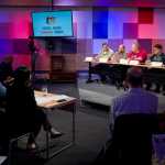 Juneau District School Board candidates answer questions from KTOO's reporter Lisa Phu and the Juneau Empire's managing editor Charles Westmoreland during a Juneau Votes! debate at the @360 Studio on Monday. The candidates from left are: Jason Hart, Josh Keaton, Emil Mackey, Jeff Redmond and Andi Story.