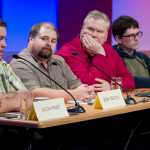 Juneau District School Board candidates answer questions from KTOO's reporter Lisa Phu and the Juneau Empire's managing editor Charles Westmoreland during a Juneau Votes! debate at the @360 Studio on Monday. The candidates from left are: Jason Hart, Josh Keaton, Emil Mackey, Jeff Redmond and Andi Story.
