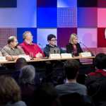 Juneau Public Library Director Robert Barr, right, introduces Juneau District School Board candidates during a Juneau Votes! debate at the @360 Studio on Monday. The candidates from left are: Jason Hart, Josh Keaton, Emil Mackey, Jeff Redmond and Andi Story.