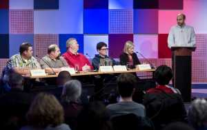 Juneau Public Library Director Robert Barr, right, introduces Juneau District School Board candidates during a Juneau Votes! debate at the @360 Studio on Monday. The candidates from left are: Jason Hart, Josh Keaton, Emil Mackey, Jeff Redmond and Andi Story.