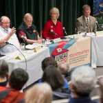 Juneau Assembly candidates answer questions from the audience during the Juneau Votes! debate held at the University of Alaska Southeast on Tuesday. The candidates from the left are: Greg Fisk, Merrill Sanford, Loren Jones, Dixie Hood, Jerry Nankervis and Jason Puckett.