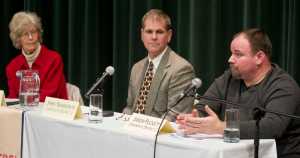 Juneau Assembly District 2 candidates Dixie Hood, left, Jerry Nankervis, center, and Jason Puckett answer questions during the Juneau Votes! debate held at the University of Alaska Southeast on Tuesday.