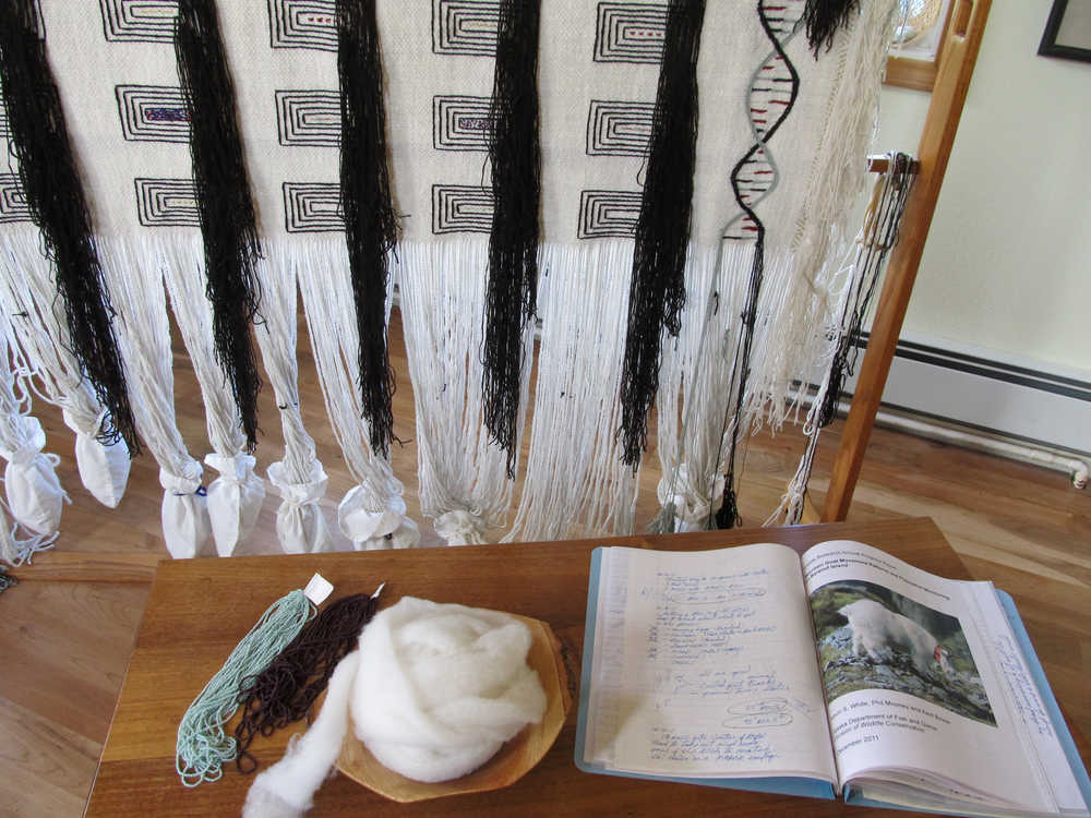 Materials used in the creation of the double helix all mountain goat robe by Teri Rofkar.