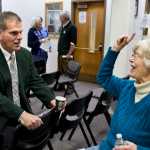 Assembly member Jerry Nankervis talks with challenger Dixie Hood in the Assembly Chambers Tuesday evening. Nankervis held on to his District 2 seat.