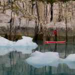 Michelle Eshpeter stand up paddleboards around icebergs past the rocky fjord wall of the McBride inlet in Glacier Bay National Park.