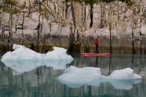 Michelle Eshpeter stand up paddleboards around icebergs past the rocky fjord wall of the McBride inlet in Glacier Bay National Park.