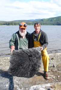 Jim Baichtal, left, and Ian Putnam, right, pose with the largest part of the palm leaf fossil they unearthed near Kake. They estimate it's between 50 and 50 million years old.