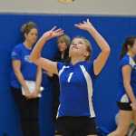 Petersburg's Martha Johnson (1) sets a ball during the All Comers Invitational at TMHS on Friday. Action resumes today and Saturday at Juneau-Douglas High School.