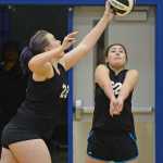 Juneau-Douglas' Sabrina Jones (28) tips a shot as teammate Capri Potter (22) moves in during the All Comers Invitational at TMHS on Friday. Action resumes today and Saturday at Juneau-Douglas High School.