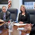 Sen. Pete Kelly, R-Fairbanks, right, Sen. Anna MacKinnon, R-Eagle River, Senate President Kevin Meyer, R-Anchorage, and Sen Cathy Giessel, R-Anchorage, left, speak to media members at the Capitol after the start of the 3rd Special Session of the legislature this year on Saturday.