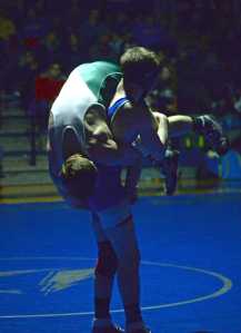 Thunder Mountain's Hunter Boyer lifts Craig''s Wyatt Patten during the 152-pound championship of the Brandon Pilot Invitational on Saturday. Boyer won 3-2.
