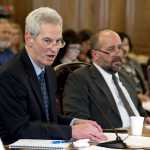 Frank Richards, vice president of Engineering and Program Development for the Alaska Gasline Development Corporation, left, and Joe Dubler, vice president of Commercial Operations for AGDC, speak to the House Finance Committee on Gov. Bill Walker's TranCanada buyout proposal at the Capitol on Tuesday.