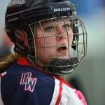 2014 JDHS graduate Kathryn Noreen is shown playing in the first-ever Daniel Webster College women's hockey game on Friday. Noreen was selected captain of the Eagles.