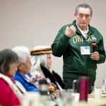 Bill Fawcett, 91, speaks during an elders panel discussion on boarding schools during the "Sharing Our Knowledge" conference at Centenial Hall on Friday.
