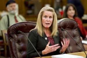 Barbara Huff Tuckness, a spokeswoman for Teamsters Union Local 959, speaks in favor of the TransCanada buyout proposal during public testimony in the House Finance Committee at the Capitol on Monday.