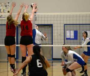 Juneau-Douglas High School seniors Kallen Hoover (11) and Maddie McKeown (14) defend a shot against Thunder Mountain during action last weekend. The Crimson Bears and Falcons will begin Region V tournament play tomorrow at TMHS. The Falcons play Ketchikan and the winner plays JD.
