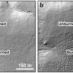 Black-and-white landscapes made from LIDAR data that show the new texture of the Anaktuvuk River burn site due to thawing after the 2007 fire. These images show the contrast to an adjacent area that did not burn. The first image is from 2009, the second from 2014.