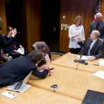 Gov. Bill Walker hands out pens to Sen. Anna MacKinnon, R-Eagle River, left, Rep. Steve Thompson, R-Fairbanks, and Rep. Mark Neuman, R-Big Lake, right, after signing the bill to buyout TransCanada's share of the AKLNG project at the Capitol on Thursday.