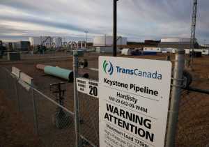 A sign posted in front of TransCanada's Keystone pipeline facilities in Hardisty, Alberta, Canada, is seen on Friday.