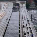 Eastbound traffic lanes, right, on Interstate 90 are dampened by wind-driven waves from the south as the floating bridge calms Lake Washington to the north, left, on Tuesday in Seattle. Rain and high winds snarled the morning commute in the Puget Sound area and the Inland Northwest braced for severe weather that could include wind gusts to 70 mph. The National Weather Service says a Pacific storm system, which arrived Tuesday may include sustained winds of 45 mph that could topple trees and cause power outages.
