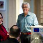 Rosita Worl, president of the Sealaska Heritage Institute, offers a public thank you to Haida Master Artist Robert Davidson after his talk about his personal journey of discovery through Haida art and ceremony Tuesday at the Soboleff Center as part of a lecture series to celebrate Native American Heritage Month.