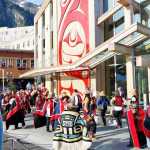 SHI president Rosita Worl, center wearing a Chilkat robe, dances at the very end of the 10-hour grand opening ceremony for the Walter Soboleff Building Friday in Juneau.