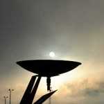 Sun above one of the rain catchers on the Juneau Seawalk Thursday morning.