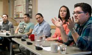 David R. Boxley of Metlakatla, far right, discusses the future of Northwest Coast indigenous art at the Walter Soboleff Center on Thursday along with artists, from left to right,  Rico Worl of Juneau, Nick Galanin of Sitka, moderator Xhunei Lance Twitchell of Juneau, and Alison Bremner of Yakutat. The panel was the final lecture in a series put on by Sealaska Heritage Institute in honor of Native American Heritage month.