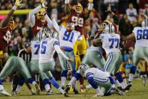 Dallas Cowboys kicker Dan Bailey kicks the game winning field goal against  Washington on Monday.